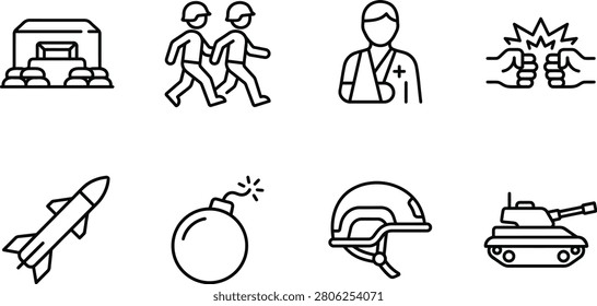 This is a set of line art icons depicting military elements, including a barracks, soldiers, medic, explosion, rocket, bomb, helmet, and tank, all