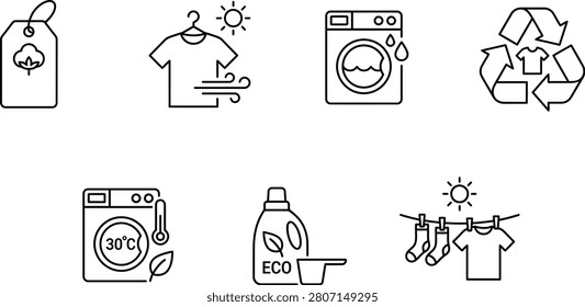 This is a set of line art icons representing various laundry care instructions, including washing, drying, recycling, and garment labels. The icons feature a white