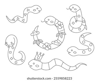 This is a set of line drawing illustrations of snake characters that can be used for Japanese New Year's cards for the Year of the Snake.