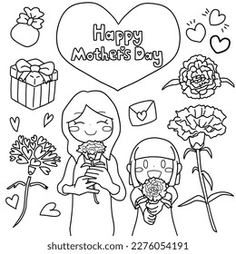 This set line drawings is collection Mother's Day images  These illustrations include women   children holding carnations  presents  hearts    letters 