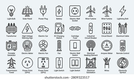 This set of line icons illustrates various electricity and power concepts, perfect for representing energy generation, electrical components, and sustainable power solutions with a clean, modern design for technical diagrams.