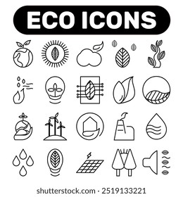 This set of line icons represents a range of ecology and environment concepts. It includes symbols for nature, recycling, renewable energy, eco-friendly practices, forests, wind power.