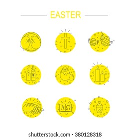 This is set of linear design icons of Easter topic including egg, chick, cross or crucifix,bunny, cake,candle,basket with color egg,dome of a church, and carrot.