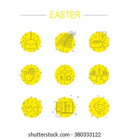 This is set of linear design icons of Easter topic including egg, chick, cross or crucifix,bunny, cake,candle,basket with color egg,dome of a church, and carrot.