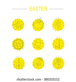 This is set of linear design icons of Easter topic including egg, chick, cross or crucifix,bunny, cake,candle,basket with color egg,dome of a church, and carrot.