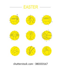 This is set of linear design icons of Easter topic including egg, chick, cross or crucifix,bunny, cake,candle,basket with color egg,dome of a church, and carrot.
