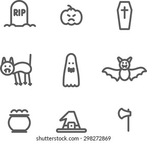 This is set of linear flat design icons of halloween party topic. There are 9 flat icons, including grave,Jack-o'-lantern, coffin, black cat, ghost, bat, bowler with poison, witch hat and ax
