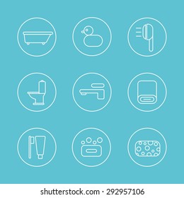 This is set of linear icon with background of bathroom topic.Here you can find wisp,washstand,toothbrush,towel,duck,shower,soap,pan,bath,wc,toothpaste,water,sponge,rubber