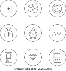 This is set of linear icon bank topic include money, bag of money, moneybox, piggy bank, gold, ingot, bullion, silver, ATM,  cash dispenser, cash mashine, diamond, brilliant, jewel, gem, calculator