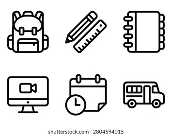 This is a set of linear icons depicting school supplies including a backpack pencil notebook monitor calendar and bus on