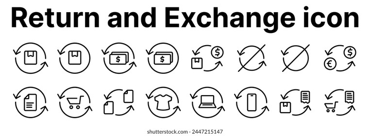 This set of linear icons presents various aspects of finance and the exchange of goods or currency. A round arrow indicates an exchange or return.