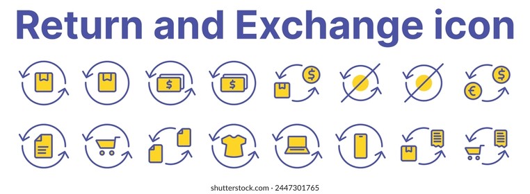 This set of linear icons presents various aspects of finance and the exchange of goods or currency. A round arrow indicates an exchange or return.