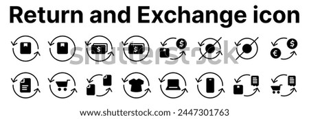 This set of linear icons presents various aspects of finance and the exchange of goods or currency. A round arrow indicates an exchange or return.