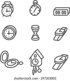 This is set of linear isometric icons clock topic including service, timer, cuckoo clock, hair, round-the-clock, alarm, sand clock. Useful icons for infographics, presentation and web site.
