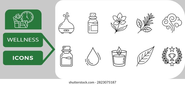 This is a set of linear wellness icons on a white background, depicting items like bottles, candles, and plant elements. The icons feature simple outlines.