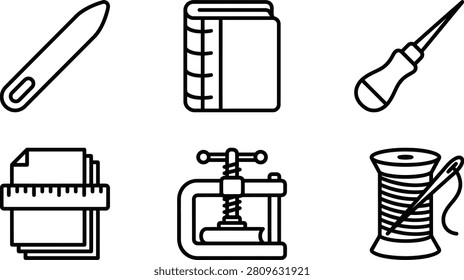 This is a set of line-art icons depicting sewing tools, including a needle, notebook, thimble, paper stack, spool of thread, and sewing-machine. The style is monochrome.