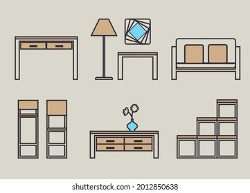 This set of loft-style furniture images can be used to create websites dedicated to interiors and furniture production. Table, chairs, sofa, shelving, chest and interior accessories.