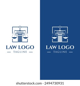 This is a set of logos of a justice scale on a roman column inside a square frame for law related logo

