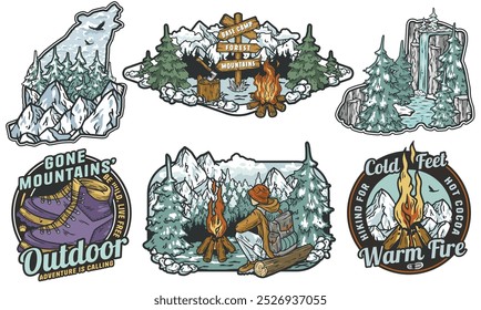 This set of logos shows the beauty and serenity of winter camping and hiking, featuring stunning landscapes, cozy campfires, and a sense of adventure