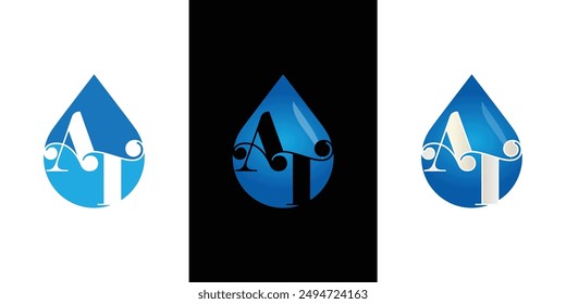 This is a set of logos of waterdrop shapes with initial letter AT in blue color in simple flat style