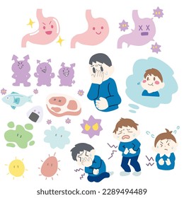 Hier sehen Sie eine Reihe von farblosen Illustrationen zur Lebensmittelvergiftung. Es werden deformierte Zahlen von Keimen, Lebensmitteln, Menschen, Mägen usw. verwendet.
