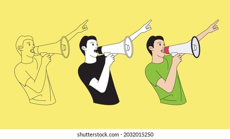 this is set men shouting into megaphone and pointing far away flat design illustration. outline design black and white for your project.