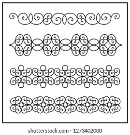 This is set of a metal forged elements with vintage ornaments. Art forging belongs to the category of manual work. set of ornamental curl borders on white background. Collection of forging.
