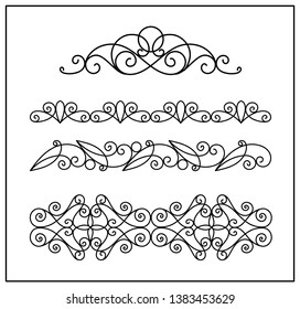 This is set of a metal forged elements with vintage ornaments. Art forging belongs to the category of manual work. set of ornamental curl borders on white background. Collection of forging.