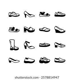 This set of minimalist shoe icons presents a varied selection of footwear, from classic heels and sandals to modern sneakers and boots