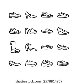 This set of minimalist shoe icons presents a varied selection of footwear, from classic heels and sandals to modern sneakers and boots