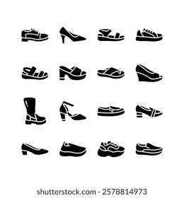 This set of minimalist shoe icons presents a varied selection of footwear, from classic heels and sandals to modern sneakers and boots