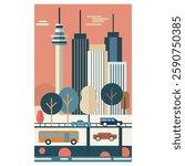 This set of modern, geometric cityscape illustrations showcases a stylized urban environment with towering skyscrapers, structured bridges, and urban parks. 