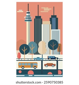 This set of modern, geometric cityscape illustrations showcases a stylized urban environment with towering skyscrapers, structured bridges, and urban parks. 