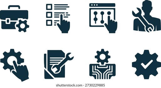Diese Reihe moderner Symbole zeigt Konzepte wie Service-Management, Benutzereinstellungen, Konfiguration und technischen Support in einem sauberen, professionellen Stil.