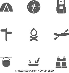 This is set of monochrome design icons of camping topic.There are 9 icons including tent, compass, backpack, pointers, fire, kayak, boiler, folding knife with the opener and corkscrew, binoculars.