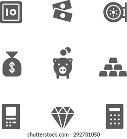 This is set of monochrome flat icon bank topic include money, bag of money, sack, moneybox, piggy bank, gold, ingot, bullion, silver, ATM, cash dispenser, diamond, brilliant, jewel, gem,calculator