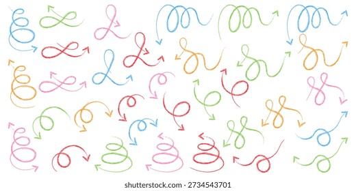 Este conjunto de flechas multicolores dibujadas a mano con una textura de carbón y tiza incluye Formas curvas, onduladas, en espiral, entrelazadas y en bucle: flechas de una y dos caras diseñadas en un estilo incompleto y escrito a mano sobre un fondo blanco. Este lenguaje visual añade una sensación animada e informal a los proyectos y es ideal para la orientación, infografías, interfaces, presentaciones, carteles, materiales de capacitación y diseño editorial, ayudando a dirigir la atención, enfatizar el enfoque y hacer que la información sea más comprensible y visualmente atractiva tanto en proyectos de Web como de impresión.