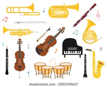 This is a set of musical instruments such as piano, violin, and trumpet.