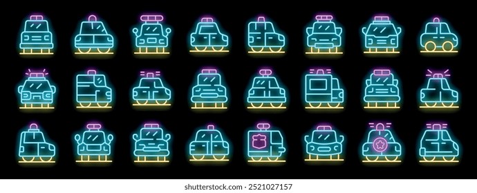 This set of neon glowing icons shows various police cars, representing law enforcement and security