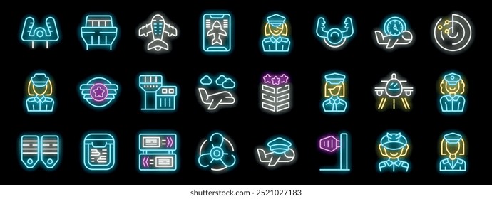 This set of neon icons showcases various aspects of aviation, from pilots and planes to airport infrastructure and flight related concepts