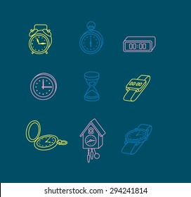 This is set of neon linear icons clock topic with background including service, timer, cuckoo clock, hair, round-the-clock, alarm, sand clock. Useful icons for infographics, presentation and web site.