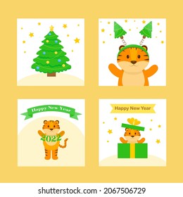 This is a set of new year cards with cute animals, a Christmas tree, gift box.