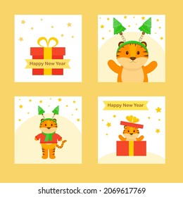 This is a set of new year cards with cute animals, a Christmas tree, gift box.