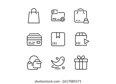 This set of nine black line icons depicts various stages of online shopping and delivery.