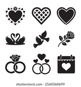 This set of nine black and white vector icons features various romantic symbols, perfect for wedding invitations, stationary, website design, or other projects related to love and marriage.