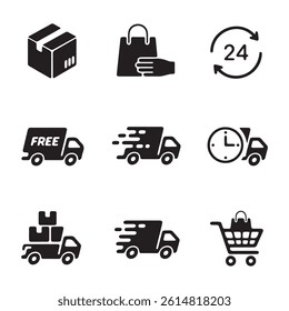 This set of nine black and white icons depicts various aspects of e-commerce delivery.