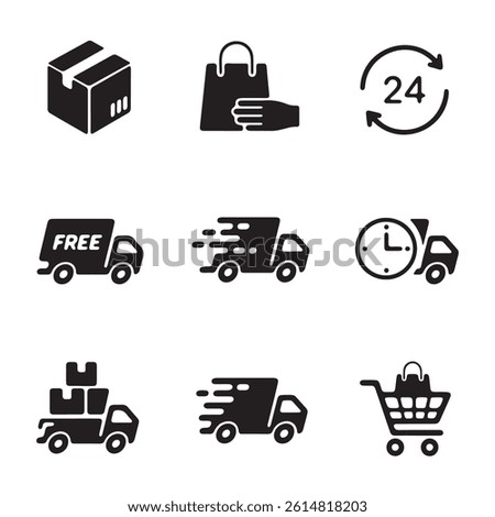 This set of nine black and white icons depicts various aspects of e-commerce delivery.