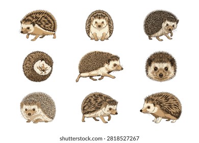 This set of nine hand drawn hedgehog illustrations features a variety of cute poses and walking movements for each small woodland creature. The detailed artistic style highlights the prickly spines and brown textures of these charming wild animals today.