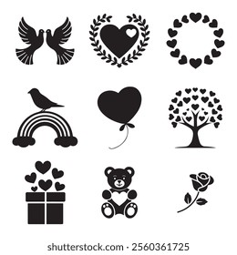 This set of nine simple, black silhouette icons, perfect for Valentine's Day or any romantic theme.