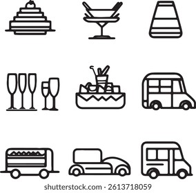 This set of nine simple line art icons depicts various catering and event services.